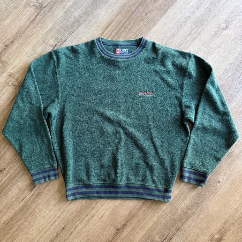 VTG ChapsRalphLauren Mens Fleece Sweatshirt Green Crewneck Striped Trim Large RL